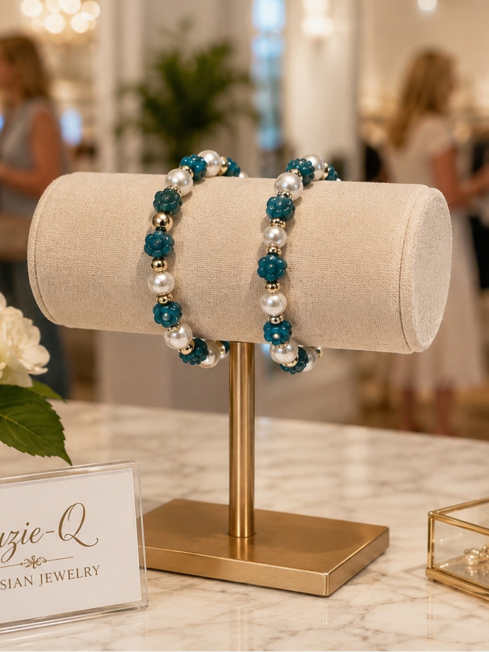Artisan Handmade Turquoise Gold Pearl Bead Bracelet Set. 2pc